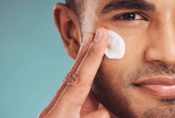 Men's grooming products including shave cream and balm